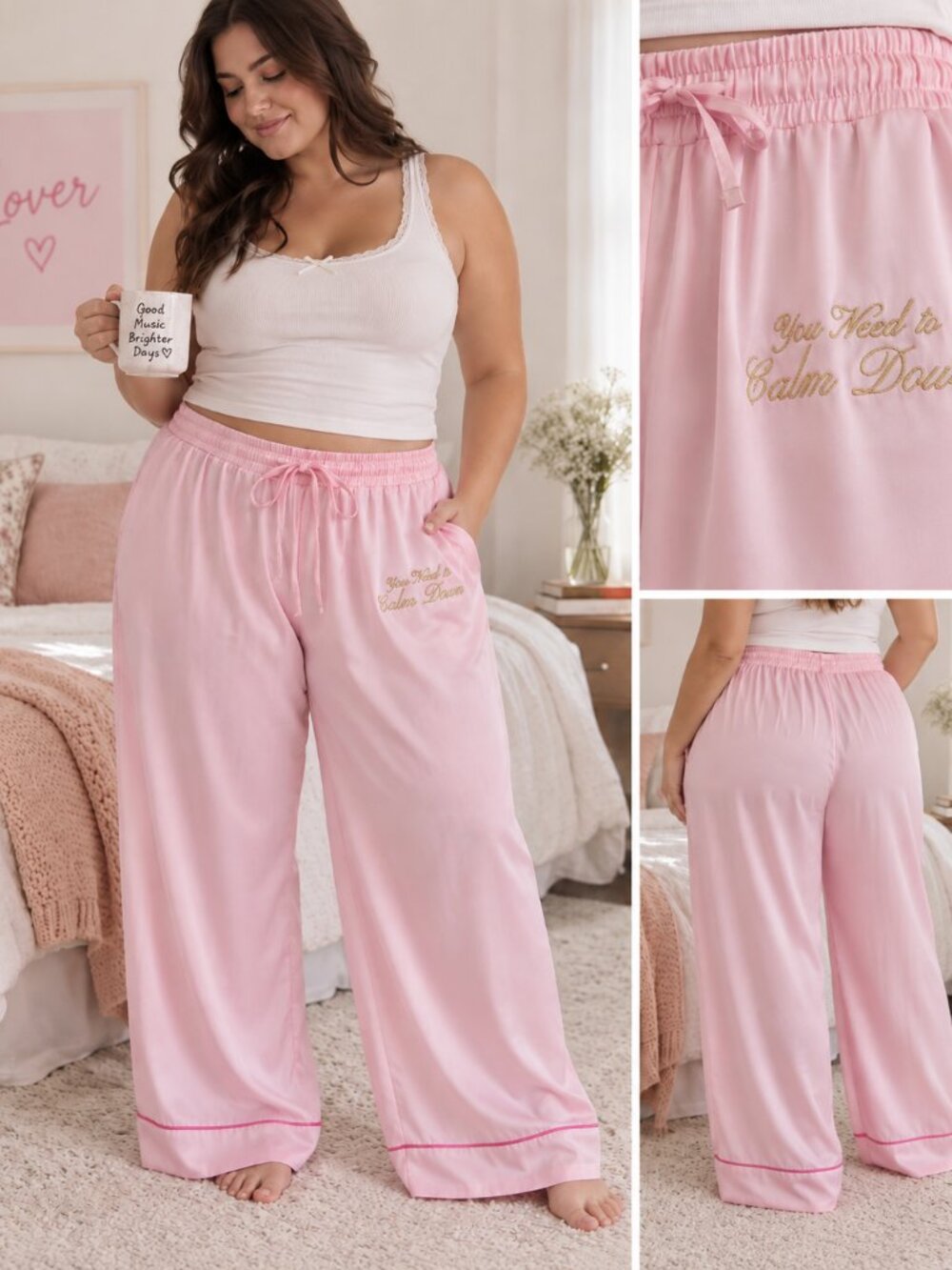 Lover Taylor Swift Calm Down Embroidered Pink Pajama Lounge Bottoms Sz. 3XL
